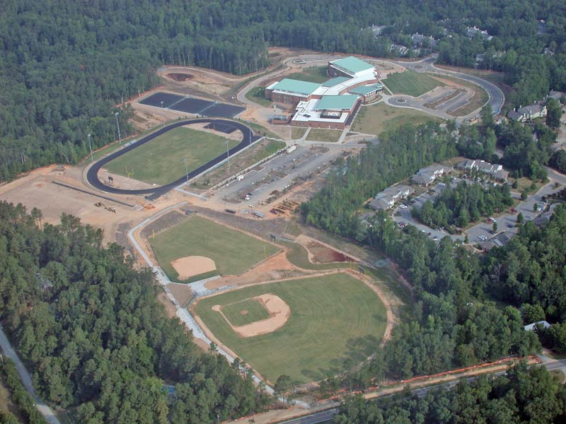 Carrboro High School's buildings are complete, but the grounds and roadways 